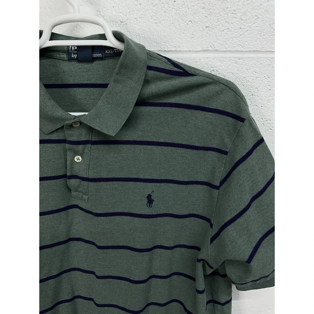 POLO RALPH LAUREN Green Polo‎ Shirt Stripes Short Sleeve Cotton Mens XXL  / RIP